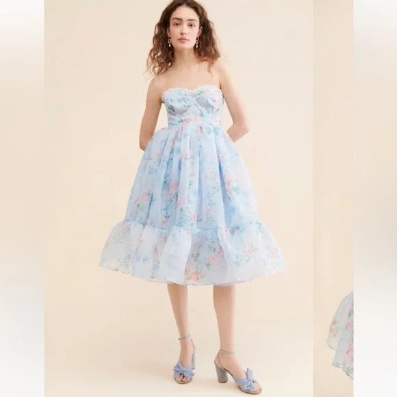 FREE PEOPLE Selkie French Corset Puff MIDI Dress Powder Blue Floral - Picture 2 of 9